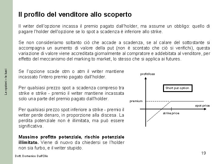 Il profilo del venditore allo scoperto Il writer dell’opzione incassa il premio pagato dall’holder,