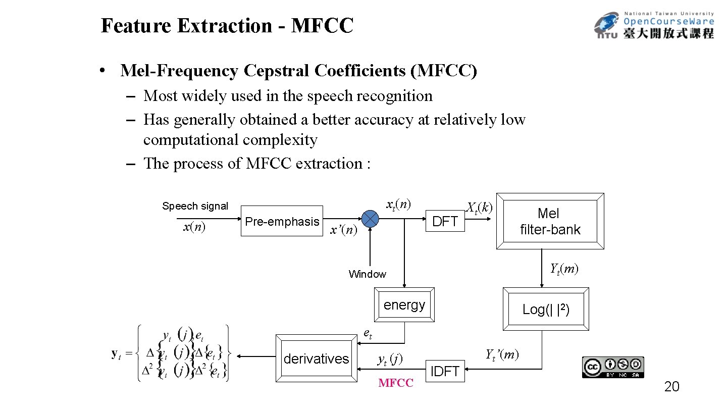 Feature Extraction - MFCC • Mel-Frequency Cepstral Coefficients (MFCC) – Most widely used in
