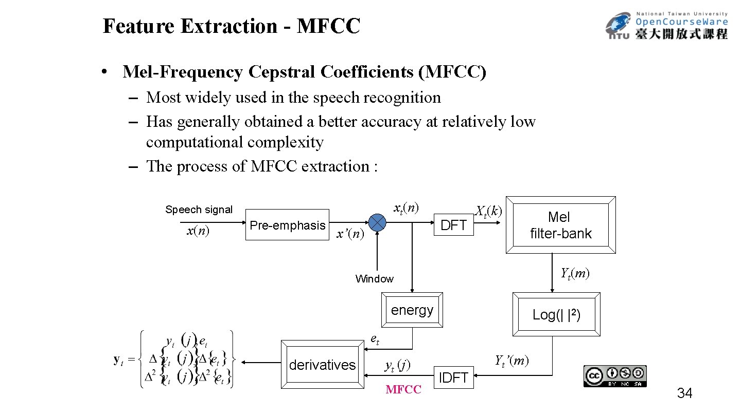 Feature Extraction - MFCC • Mel-Frequency Cepstral Coefficients (MFCC) – Most widely used in