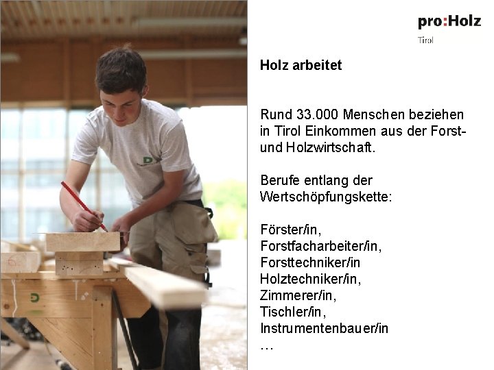 Holz arbeitet Rund 33. 000 Menschen beziehen in Tirol Einkommen aus der Forstund Holzwirtschaft.