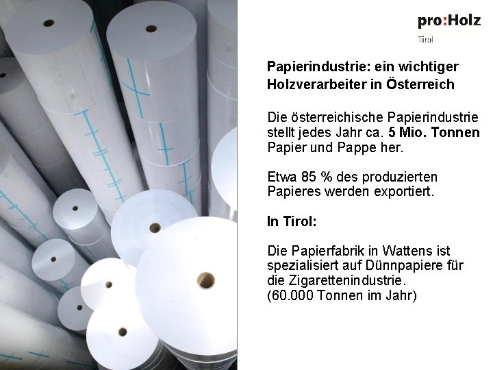 Papierindustrie: ein wichtiger Holzverarbeiter in Österreich Die österreichische Papierindustrie stellt jedes Jahr ca. 5