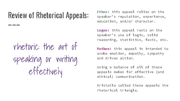 Review of Rhetorical Appeals: rhetoric: the art of speaking or writing effectively Ethos: this