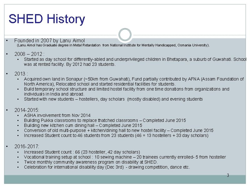 SHED History • Founded in 2007 by Lanu Aimol (Lanu Aimol has Graduate degree