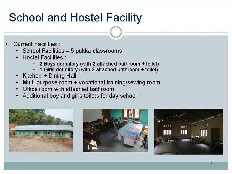School and Hostel Facility • Current Facilities : • School Facilities – 5 pukka