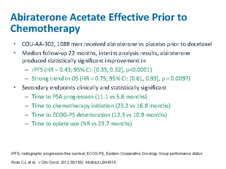 Abiraterone Acetate Effective Prior to Chemotherapy • COU-AA-302, 1088 men received abiraterone vs placebo