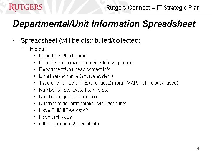 Rutgers Connect – IT Strategic Plan Departmental/Unit Information Spreadsheet • Spreadsheet (will be distributed/collected)