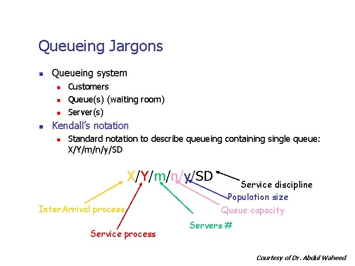 Queueing Jargons n Queueing system n n Customers Queue(s) (waiting room) Server(s) Kendall’s notation