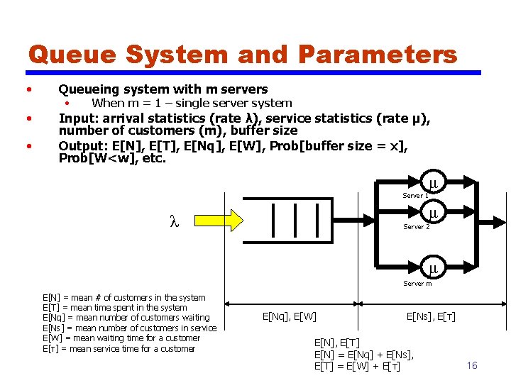 Queue System and Parameters • Queueing system with m servers • Input: arrival statistics