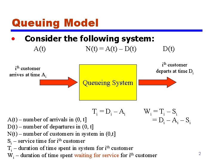 Queuing Model • Consider the following system: A(t) N(t) = A(t) – D(t) ith