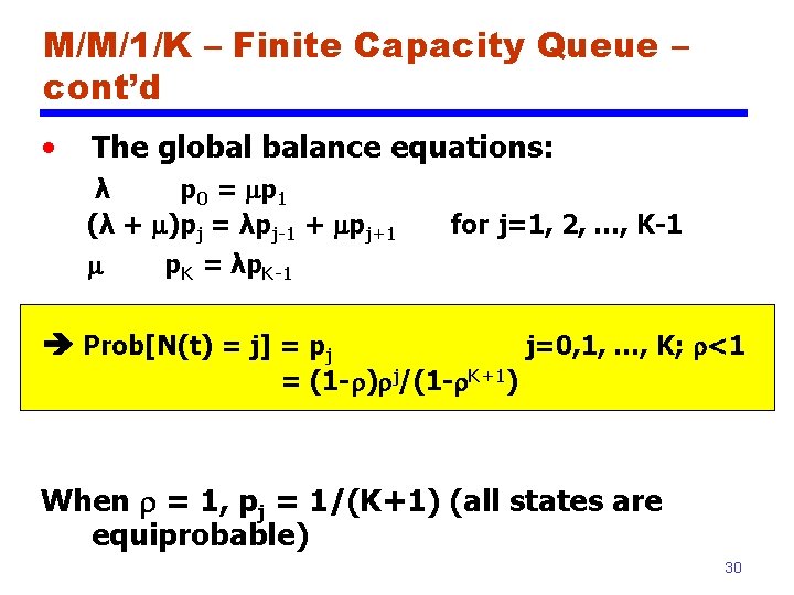 M/M/1/K – Finite Capacity Queue – cont’d • The global balance equations: λ p