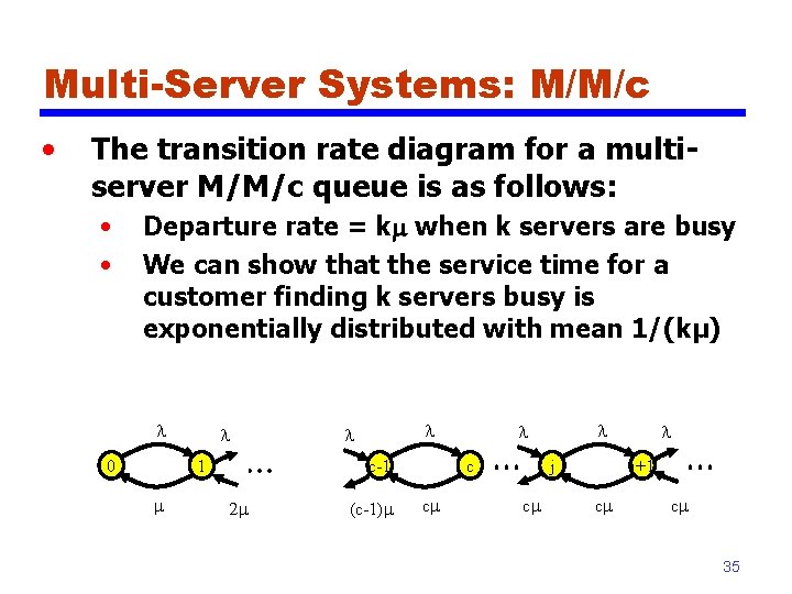 Multi-Server Systems: M/M/c • The transition rate diagram for a multiserver M/M/c queue is