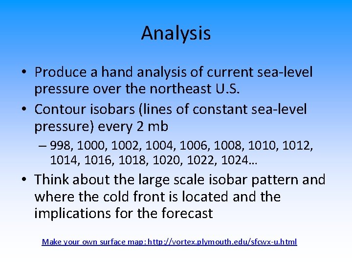 Analysis • Produce a hand analysis of current sea-level pressure over the northeast U.