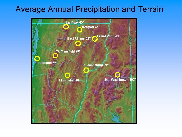 Average Annual Precipitation and Terrain Jay Peak 63” Newport 41” East Albany 52” Island