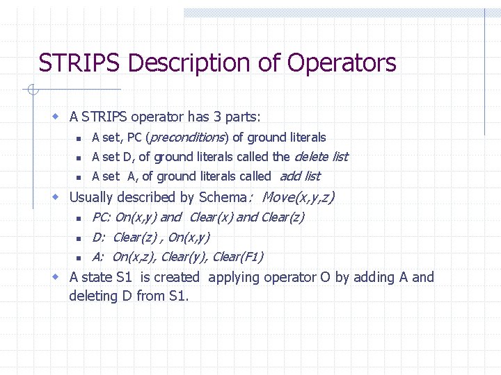 STRIPS Description of Operators w A STRIPS operator has 3 parts: n A set, STRIPS Description of Operators w A STRIPS operator has 3 parts: n A set,