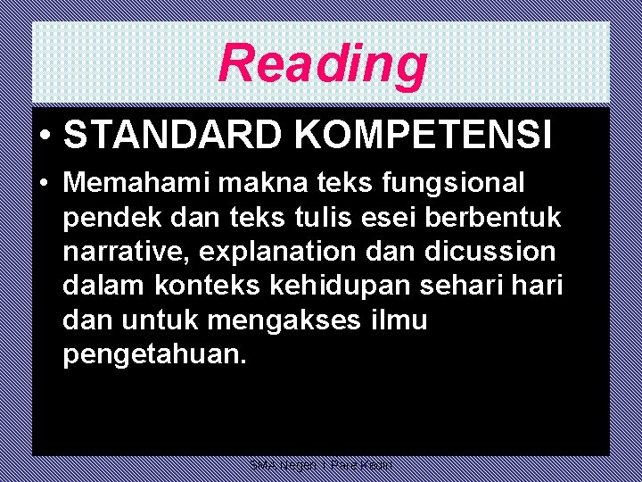 Reading • STANDARD KOMPETENSI • Memahami makna teks fungsional pendek dan teks tulis esei