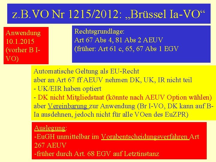 z. B. VO Nr 1215/2012: „Brüssel Ia-VO“ Anwendung 10. 1. 2015 (vorher B IVO)