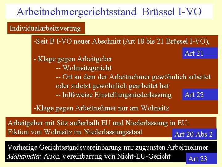 Arbeitnehmergerichtsstand Brüssel I-VO Individualarbeitsvertrag -Seit B I-VO neuer Abschnitt (Art 18 bis 21 Brüssel