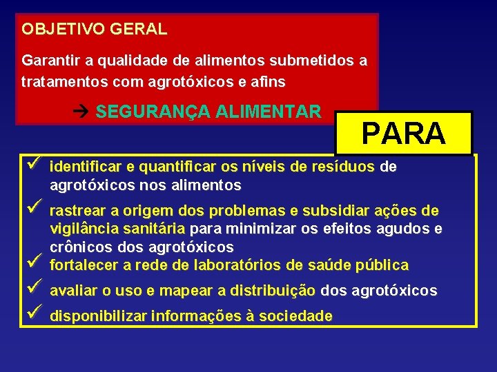 OBJETIVO GERAL Garantir a qualidade de alimentos submetidos a tratamentos com agrotóxicos e afins