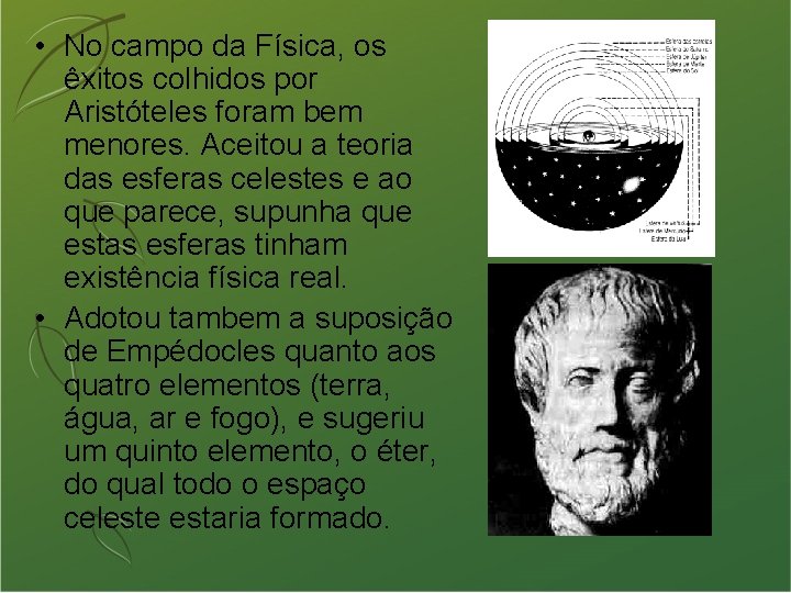  • No campo da Física, os êxitos colhidos por Aristóteles foram bem menores.