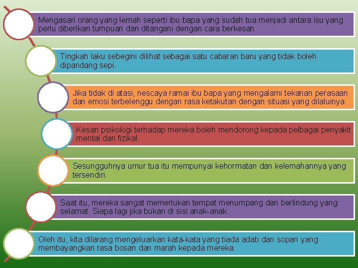 Mengasari orang yang lemah seperti ibu bapa yang sudah tua menjadi antara isu yang