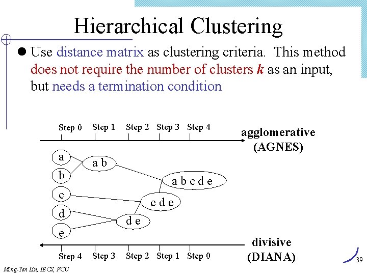 Hierarchical Clustering l Use distance matrix as clustering criteria. This method does not require