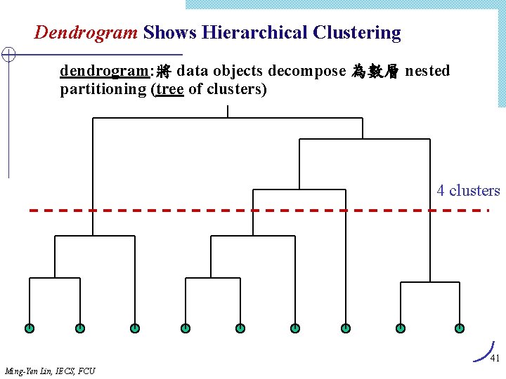 Dendrogram Shows Hierarchical Clustering dendrogram: 將 data objects decompose 為數層 nested partitioning (tree of