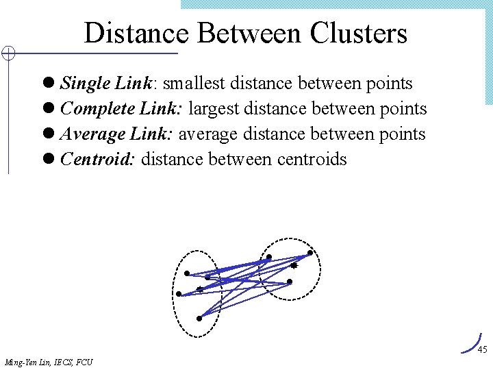 Distance Between Clusters l Single Link: smallest distance between points l Complete Link: largest