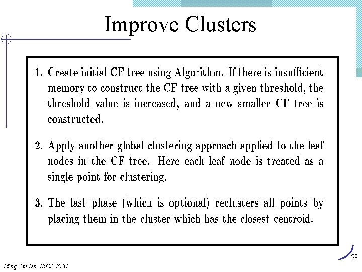 Improve Clusters 59 Ming-Yen Lin, IECS, FCU 