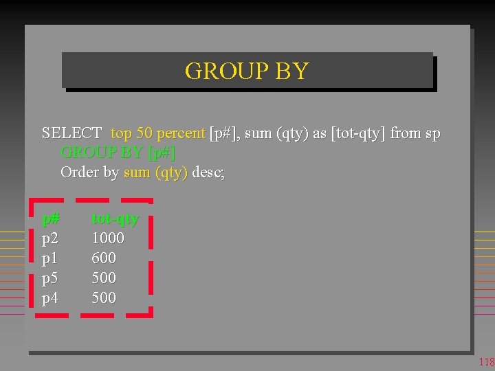GROUP BY SELECT top 50 percent [p#], sum (qty) as [tot-qty] from sp GROUP