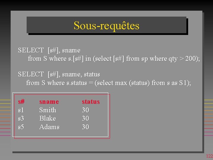 Sous-requêtes SELECT [s#], sname from S where s. [s#] in (select [s#] from sp