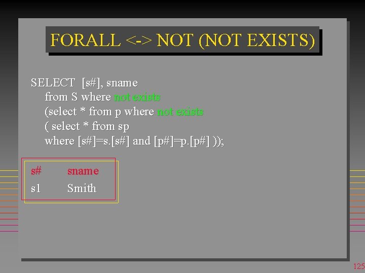 FORALL <-> NOT (NOT EXISTS) SELECT [s#], sname from S where not exists (select
