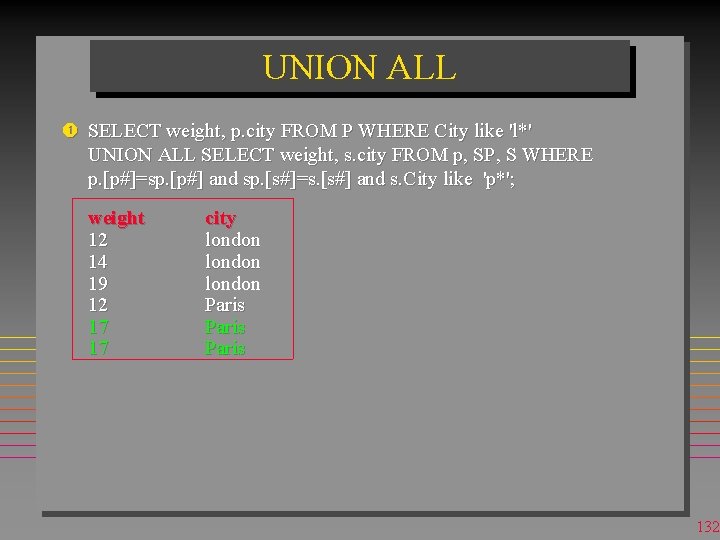 UNION ALL SELECT weight, p. city FROM P WHERE City like 'l*' UNION ALL