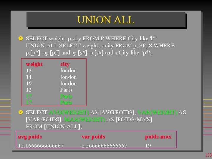 UNION ALL SELECT weight, p. city FROM P WHERE City like 'l*' UNION ALL