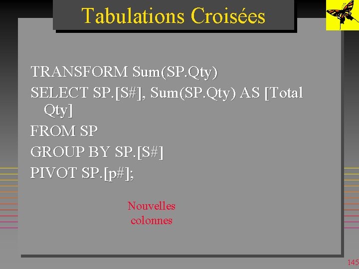 Tabulations Croisées TRANSFORM Sum(SP. Qty) SELECT SP. [S#], Sum(SP. Qty) AS [Total Qty] FROM