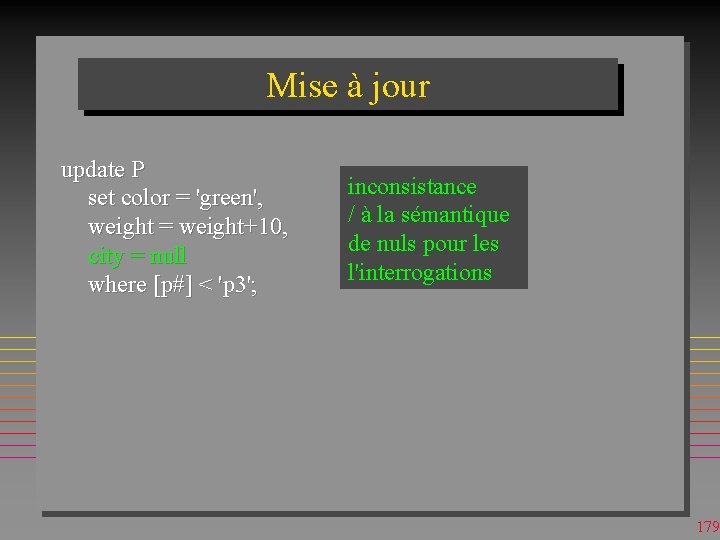 Mise à jour update P set color = 'green', weight = weight+10, city =