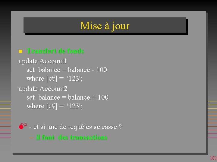 Mise à jour Transfert de fonds update Account 1 set balance = balance -