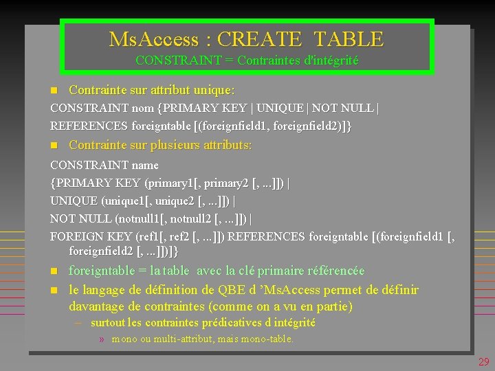 Ms. Access : CREATE TABLE CONSTRAINT = Contraintes d'intégrité n Contrainte sur attribut unique: