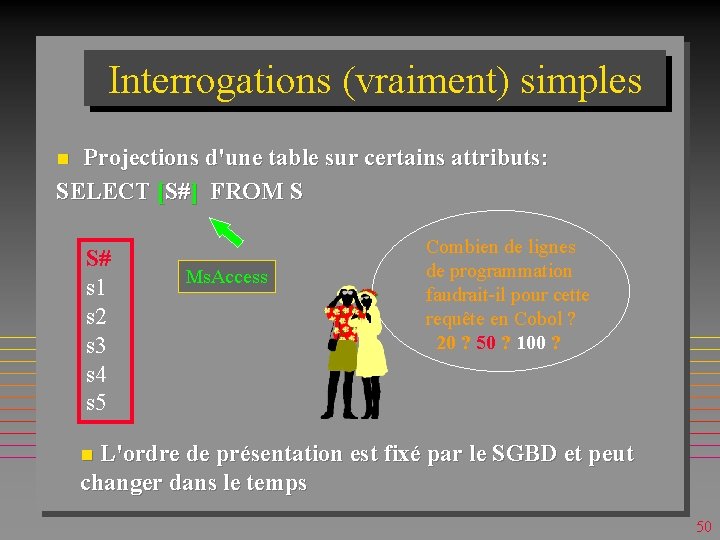 Interrogations (vraiment) simples Projections d'une table sur certains attributs: SELECT [S#] FROM S n