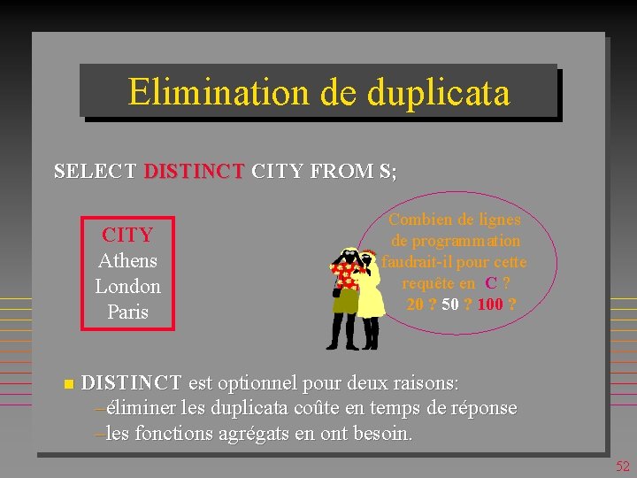 Elimination de duplicata SELECT DISTINCT CITY FROM S; CITY Athens London Paris Combien de