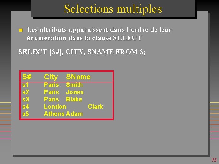 Selections multiples n Les attributs apparaissent dans l’ordre de leur énumération dans la clause