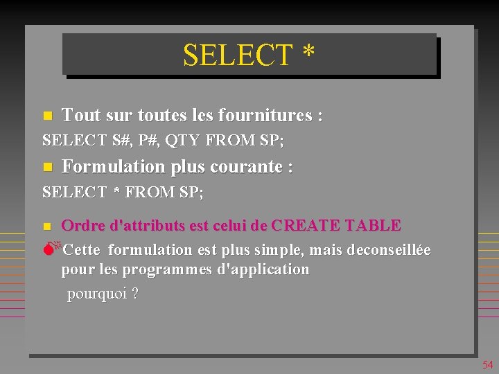 SELECT * n Tout sur toutes les fournitures : SELECT S#, P#, QTY FROM