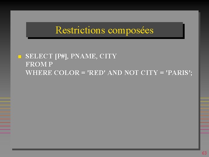 Restrictions composées n SELECT [P#], PNAME, CITY FROM P WHERE COLOR = 'RED' AND