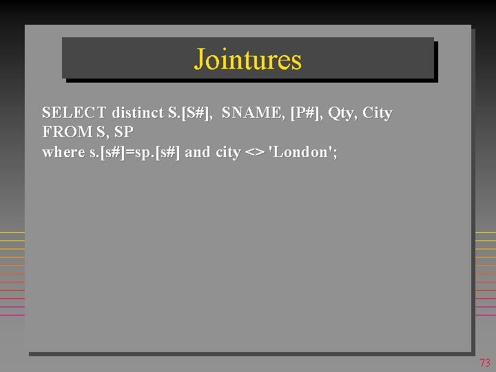 Jointures SELECT distinct S. [S#], SNAME, [P#], Qty, City FROM S, SP where s.