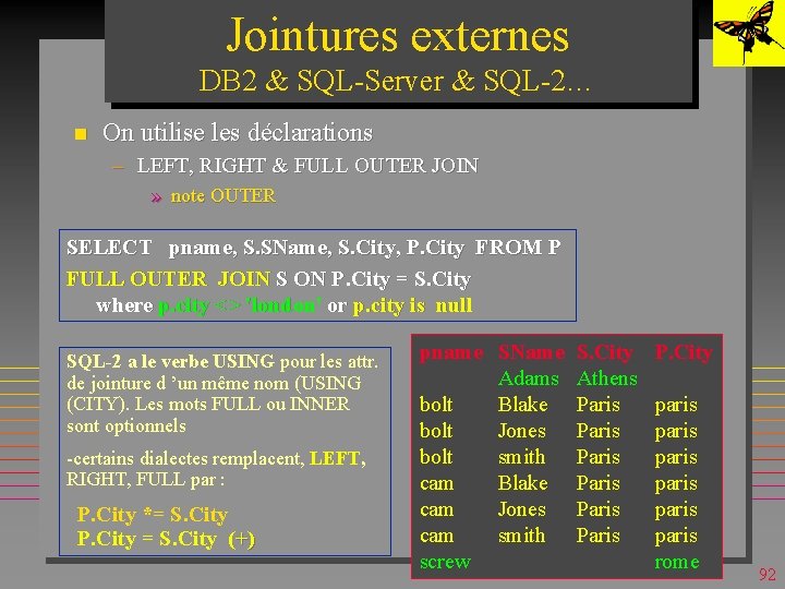 Jointures externes DB 2 & SQL-Server & SQL-2… n On utilise les déclarations –