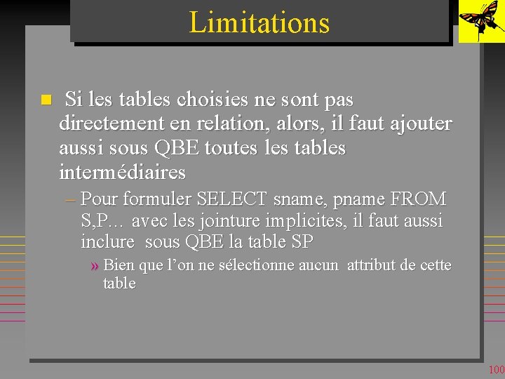 Limitations n Si les tables choisies ne sont pas directement en relation, alors, il