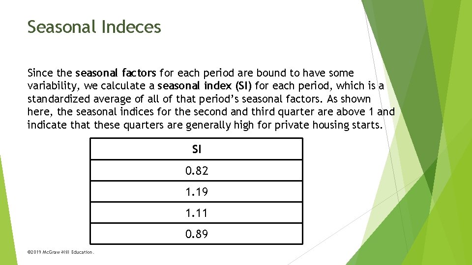 Seasonal Indeces Since the seasonal factors for each period are bound to have some