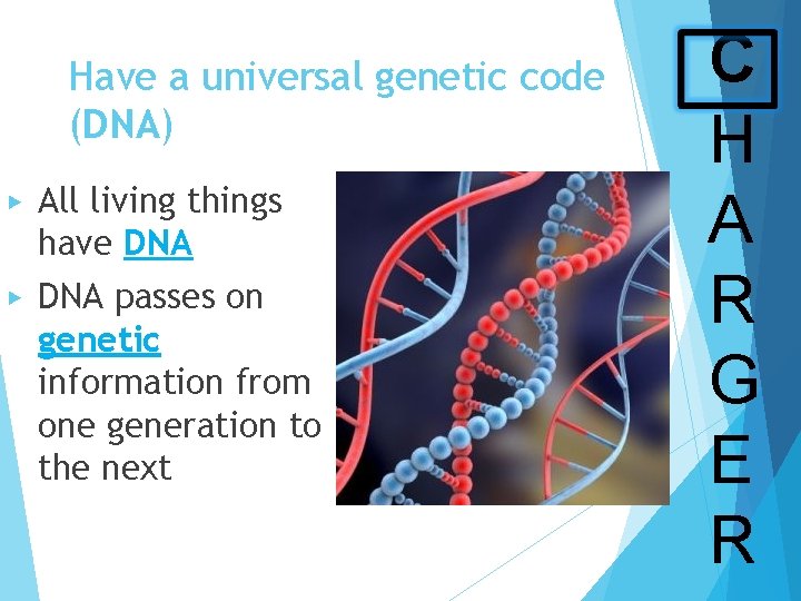 Have a universal genetic code (DNA) ▶ All living things have DNA ▶ DNA