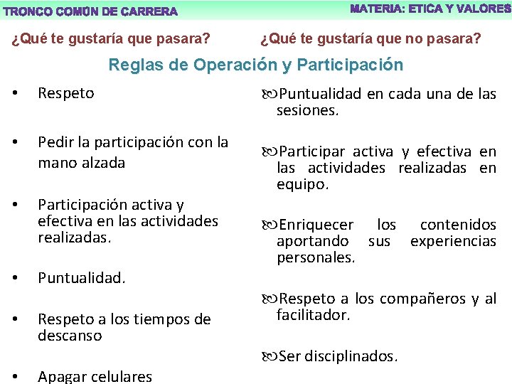 ¿Qué te gustaría que pasara? ¿Qué te gustaría que no pasara? Reglas de Operación