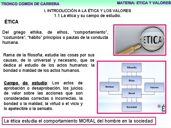 l. INTRODUCCIÓN A LA ÉTICA Y LOS VALORES 1. 1 La ética y su