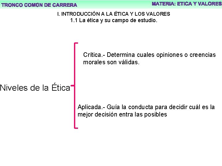 l. INTRODUCCIÓN A LA ÉTICA Y LOS VALORES 1. 1 La ética y su